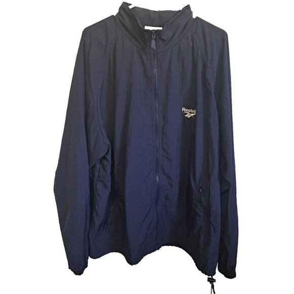 Reebok Men's L Blue Windbreaker Hidden Hoodie Rain Full Zip Vented Drawstring - Picture 1 of 12
